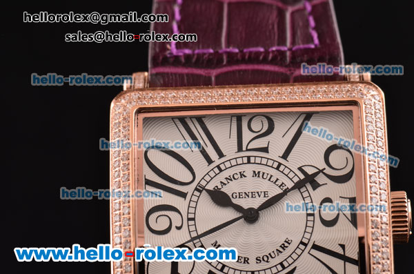 Franck Muller Master Square Swiss Quartz Rose Gold Case with Diamond bezel and Purple Leather Strap - Click Image to Close